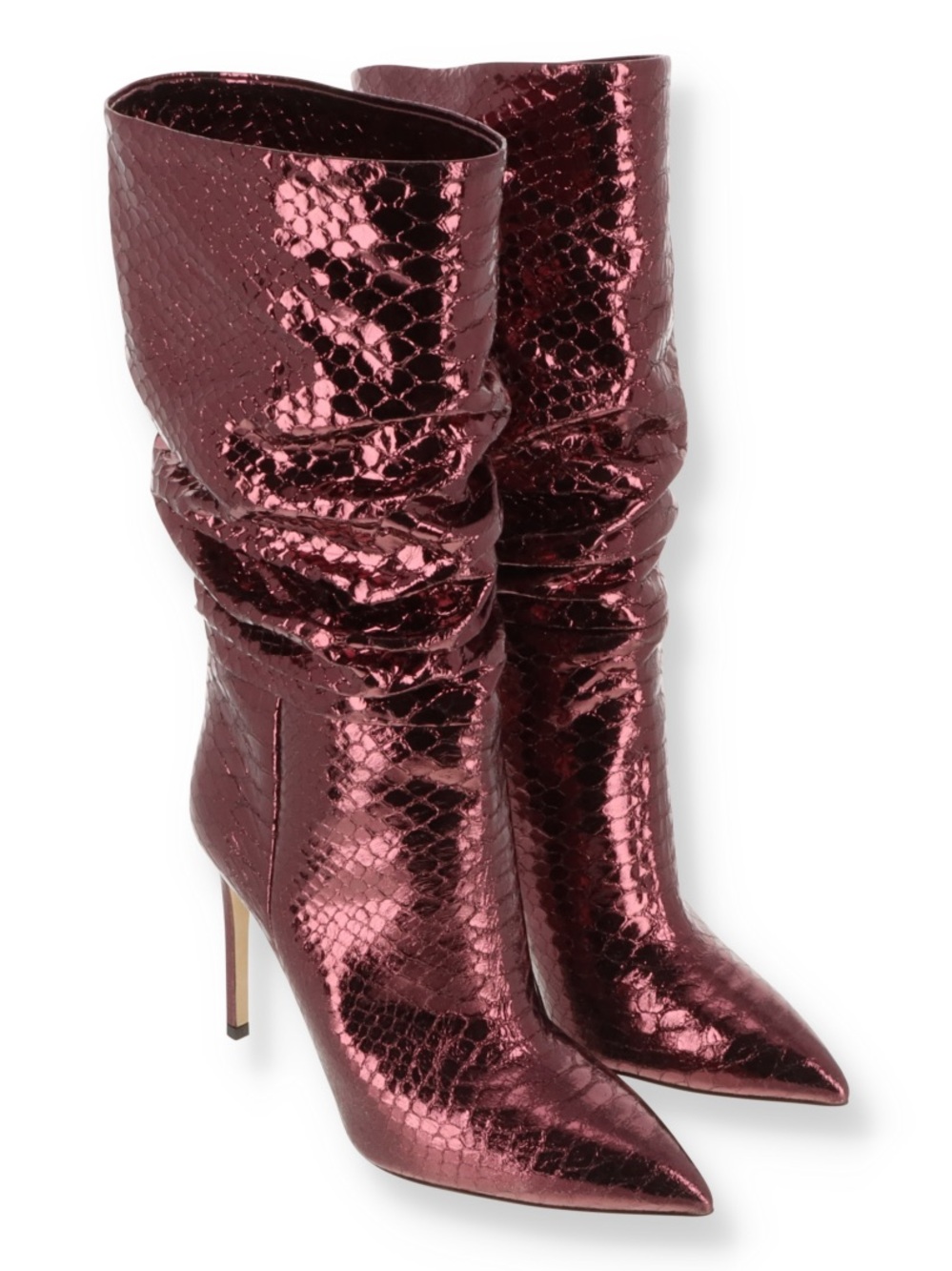 Paris Texas Metallic Burgundy Snake-Embossed Slouch Stiletto Boots 36
